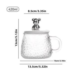 400ml Glass Mug with Bear Lid & Spoon | Cute Crystal Tea & Coffee Cup