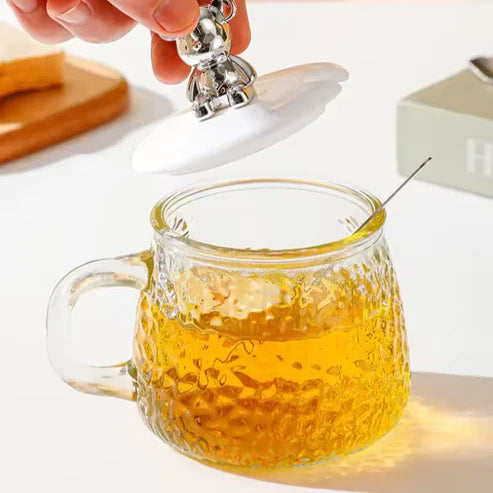 400ml Glass Mug with Bear Lid & Spoon | Cute Crystal Tea & Coffee Cup